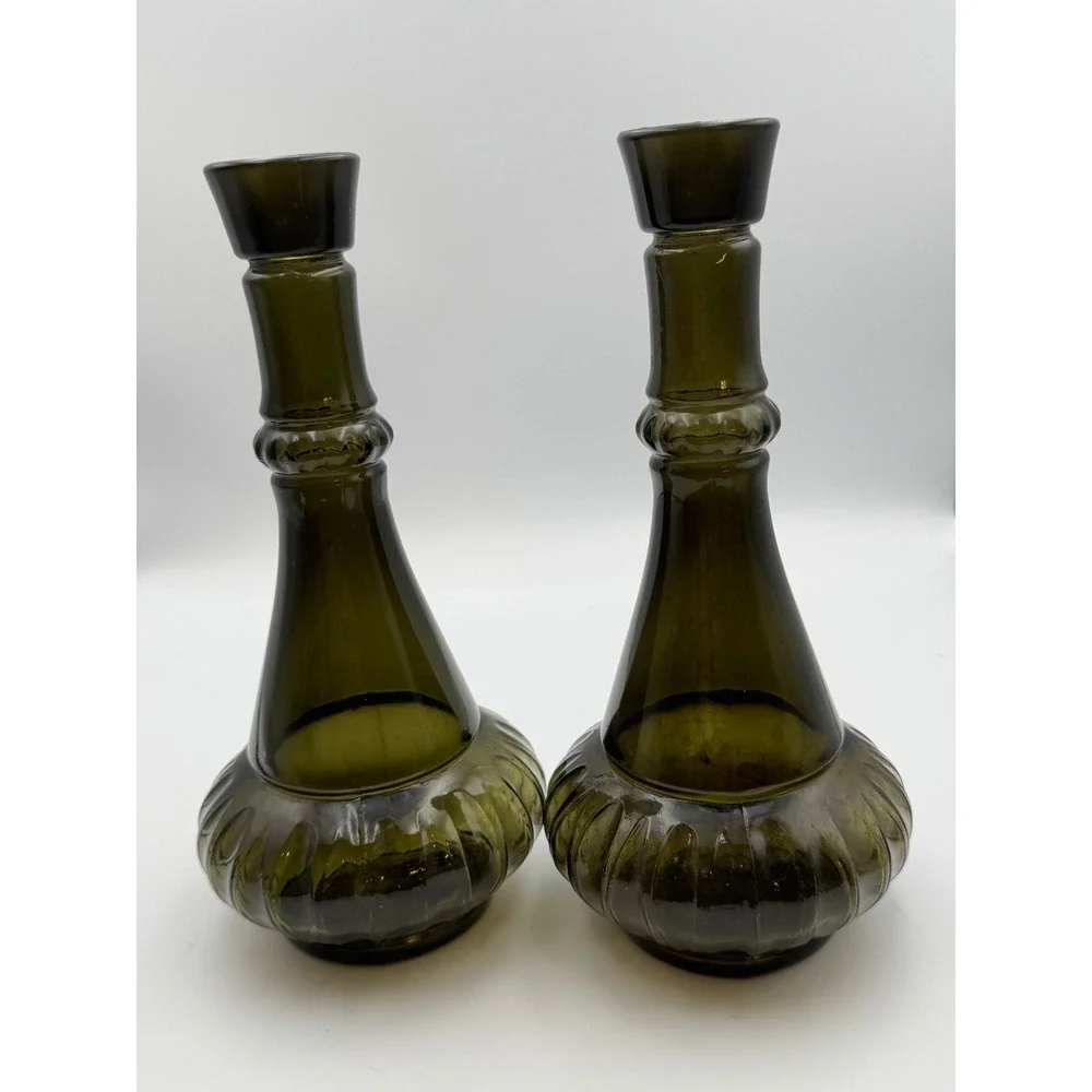 Vintage Olive Green Genie Bottle Decanters Set of 2 Mid Century Glass D-334 1964